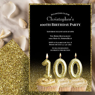Black and Gold 100th Birthday Invitation For Him