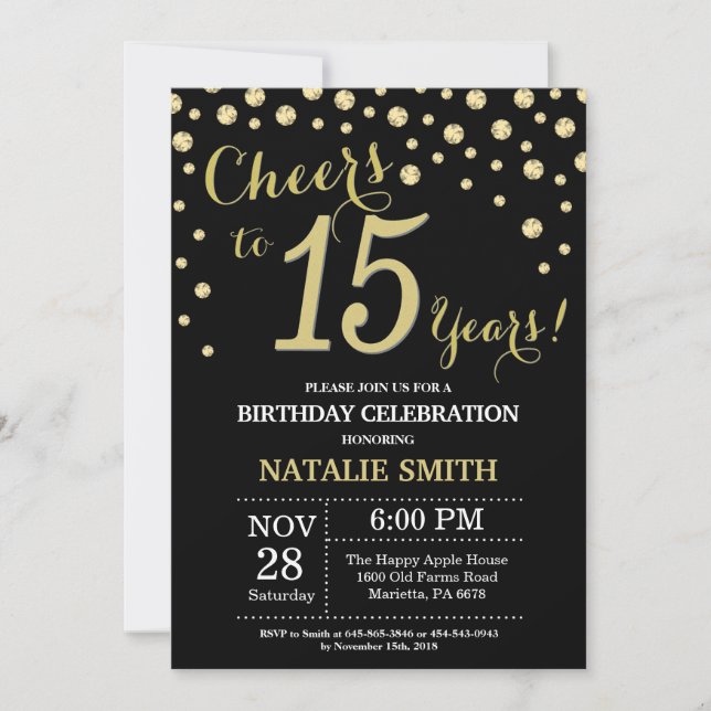 Black and Gold 15th Birthday Diamond Invitation (Front)