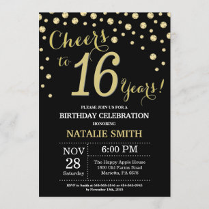 Black and Gold 16th Birthday Diamond Invitation