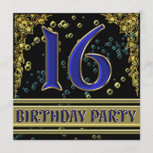 Black and Gold 16th Birthday party Invitation