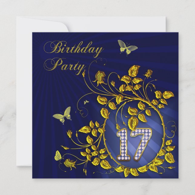 Black and Gold 17th Birthday party Invitation (Front)