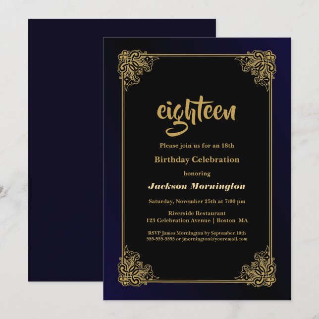 Black and Gold 18th Birthday Party Invitation (Front/Back)