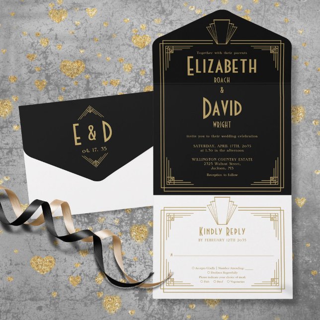 Black And Gold 1920s Art Deco Monogram Wedding All In One Invitation (Black And Gold 1920s Art Deco Monogram Wedding All In One Invitation)