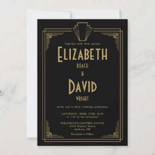 Black And Gold 1920s Art Deco QR Code Wedding Invitation