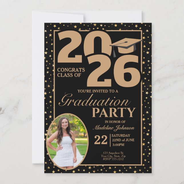 Black and Gold 2026 Photo Graduation Invitation (Front)