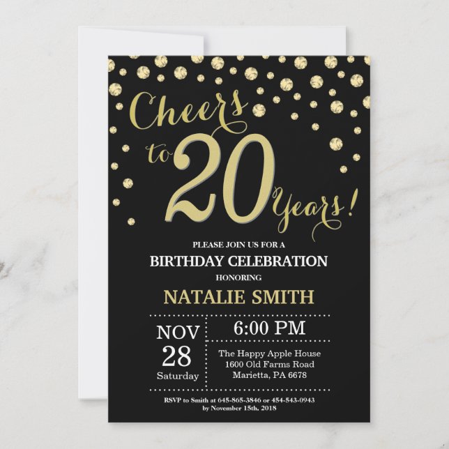Black and Gold 20th Birthday Diamond Invitation (Devant)