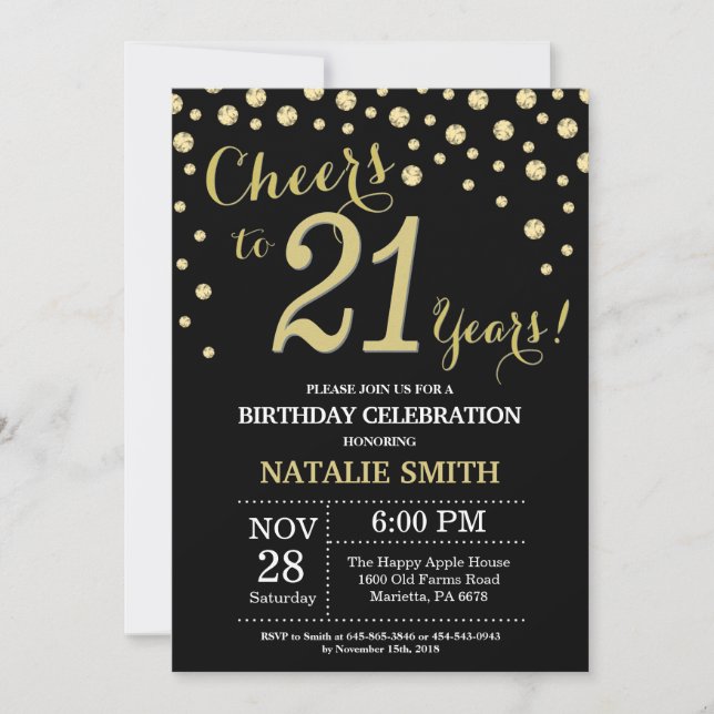 Black and Gold 21st Birthday Diamond Invitation (Front)