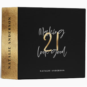 Black and gold 21st birthday modern script stylish binder