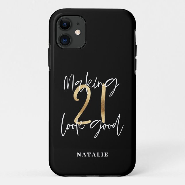 Black and gold 21st birthday modern script stylish Case-Mate iPhone case (Back)