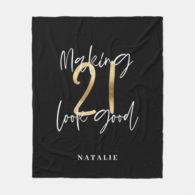 Black and gold 21st birthday modern script stylish fleece blanket (Front)