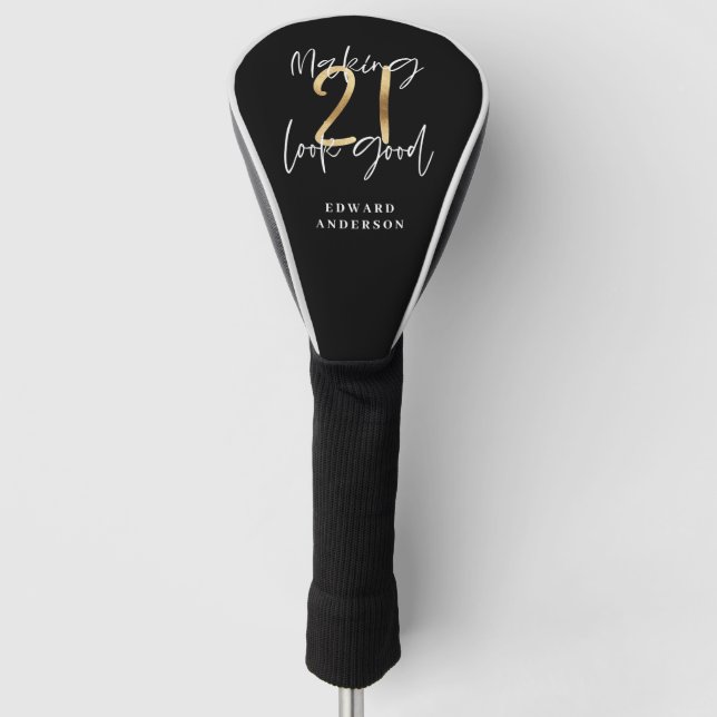 Black and gold 21st birthday modern script stylish golf head cover (Front)