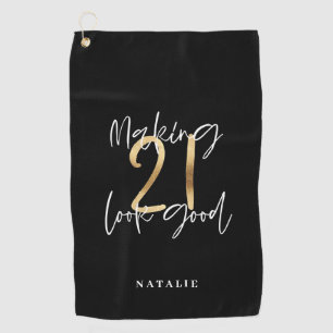 Black and gold 21st birthday modern script stylish golf towel