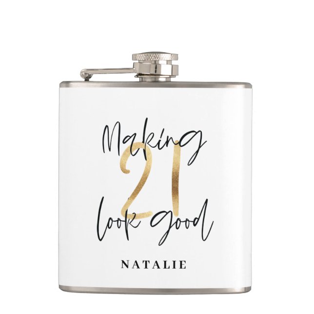 Black and gold 21st birthday modern script stylish hip flask (Front)