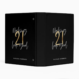 Black and gold 21st birthday modern script stylish mini binder