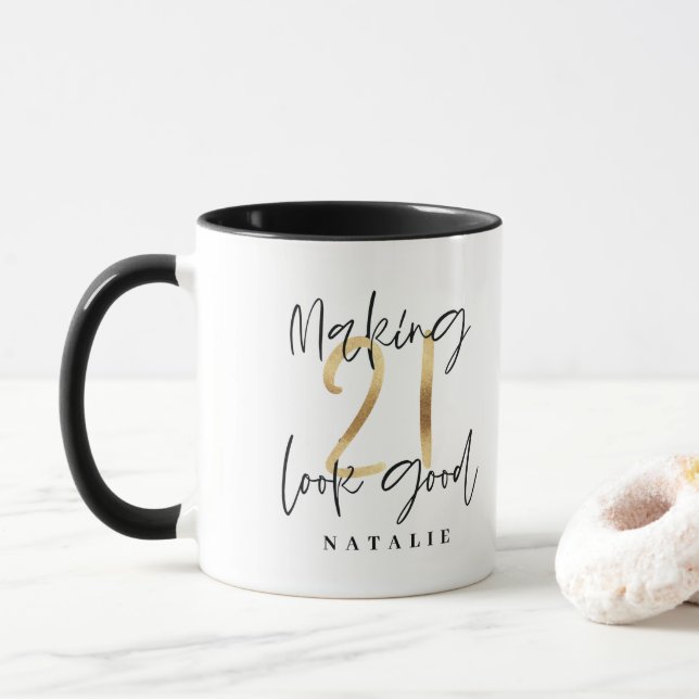 Black and gold 21st birthday modern script stylish mug (With Donut)