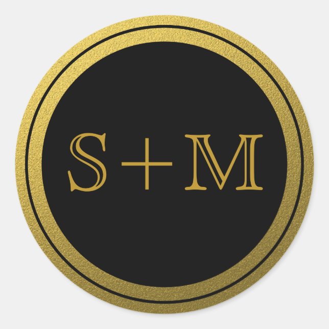 Black And Gold 2 Monogram Initial Classic Round Sticker (Front)