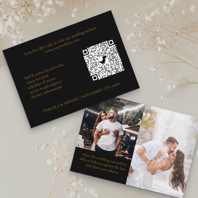 Black and Gold 2 Photo Online RSVP QR Code Wedding Enclosure Card (Creator Uploaded)