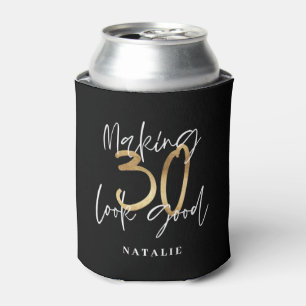 Black and gold 30th birthday modern script stylish can cooler