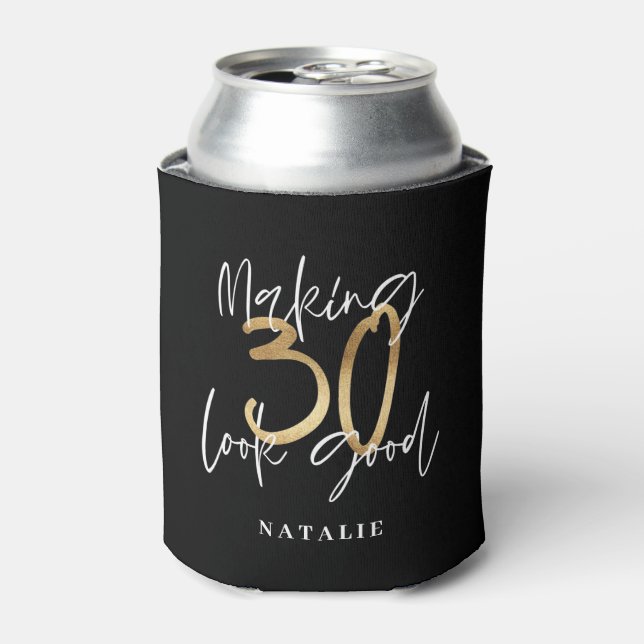 Black and gold 30th birthday modern script stylish can cooler (Can Front)