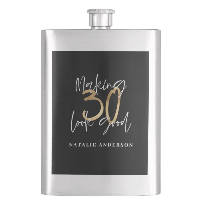 Black and gold 30th birthday modern script stylish hip flask (Front)