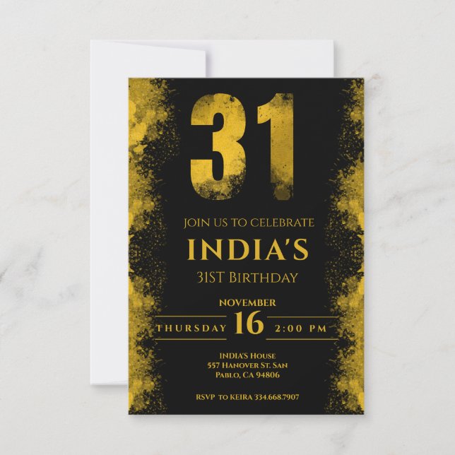 Black And Gold 31st Birthday Party  Invitation (Front)