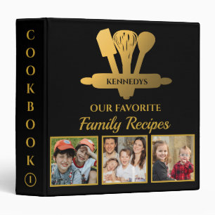 Black And Gold 3 Photo Family Recipe Cookbook Binder