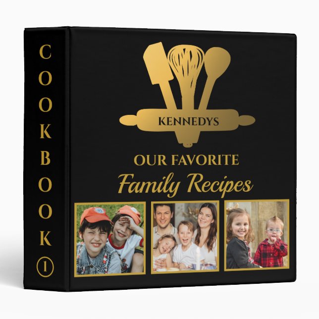 Black And Gold 3 Photo Family Recipe Cookbook Binder (Front/Spine)