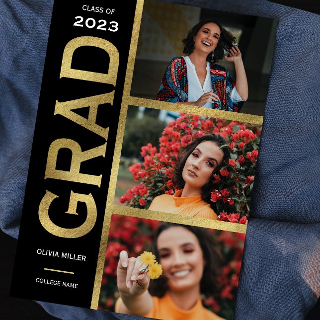 Black And Gold 3 Photo Graduation Announcement (Creator Uploaded)