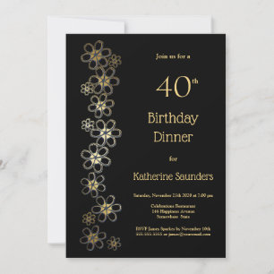 Black and Gold 40th Birthday Dinner Party Invitation