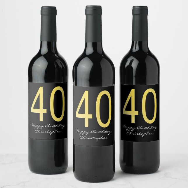 Black and Gold 40th Birthday Vine Étiquette (Bouteilles)