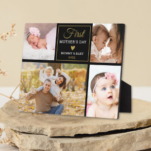Black And Gold 4 photo Collage First Mother's Day Plaque