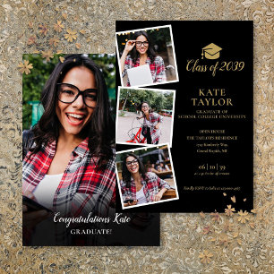 Black And Gold 4 Photo Graduation Party Invitation