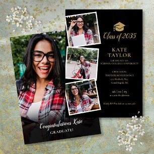 Black And Gold 4 Photo Graduation Party Invitation