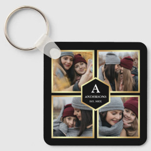 Black and Gold 4 Pictures Family Photo Collage Keychain