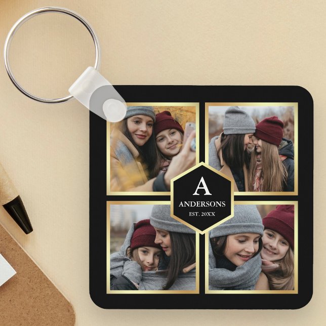 Black and Gold 4 Pictures Family Photo Collage Keychain (Creator Uploaded)