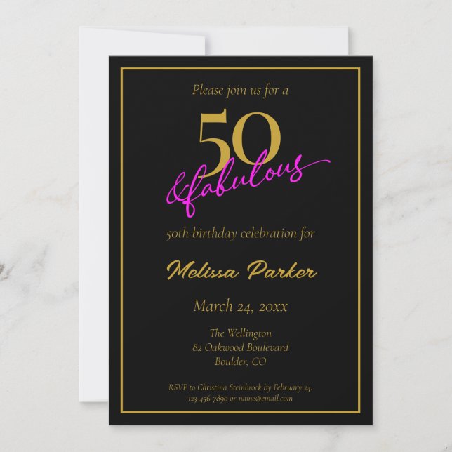 Black and Gold 50 and Fabulous 50th Birthday Invitation (Front)