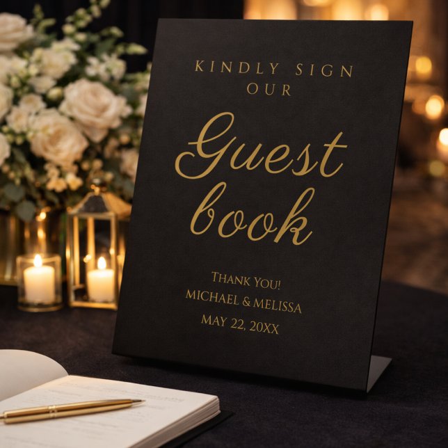 Black and Gold 50th Anniversary Guest Book Sign (Elegant black and gold guest book sign with warm candle glow.)