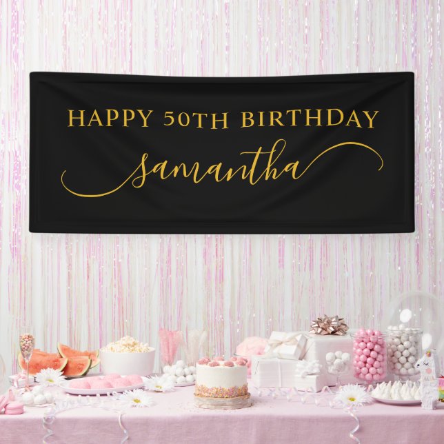 Black and Gold 50th Birthday Curved Swash Name Banner (Party)
