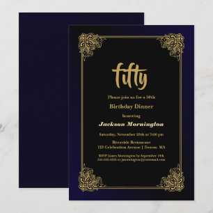 Black and Gold 50th Birthday Dinner Invitation