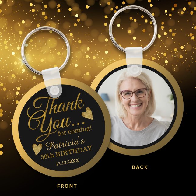 Black And Gold 50th Birthday Guest Thank You Photo Keychain (Creator Uploaded)