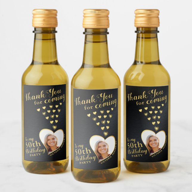 Black and Gold 50th Birthday Photo Thank You Wine Label (Bottles)