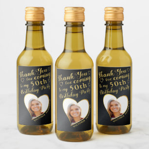 Black and Gold 50th Birthday Photo Thank You Wine Label
