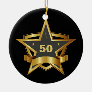 Black and Gold 50th Birthday Star Ceramic Ornament