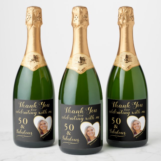 Black and Gold 50th Birthday Thank You Sparkling Wine Label (Bottles)