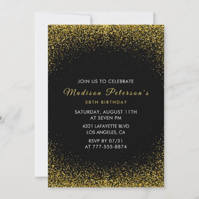  Black and Gold 58th birthday  Glam Glitter  Invitation (Front)