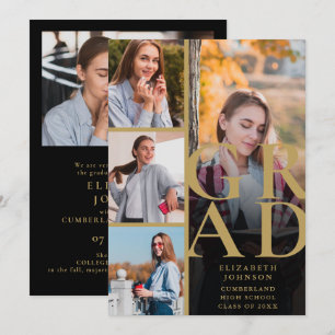 Black And Gold 5 Photo Graduation Announcement