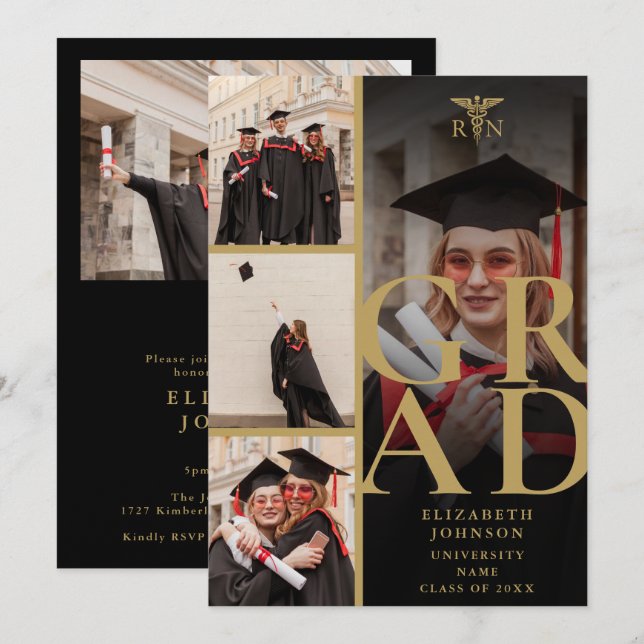 Black And Gold 5 Photo RN Nursing Graduation Party Invitation (Front/Back)
