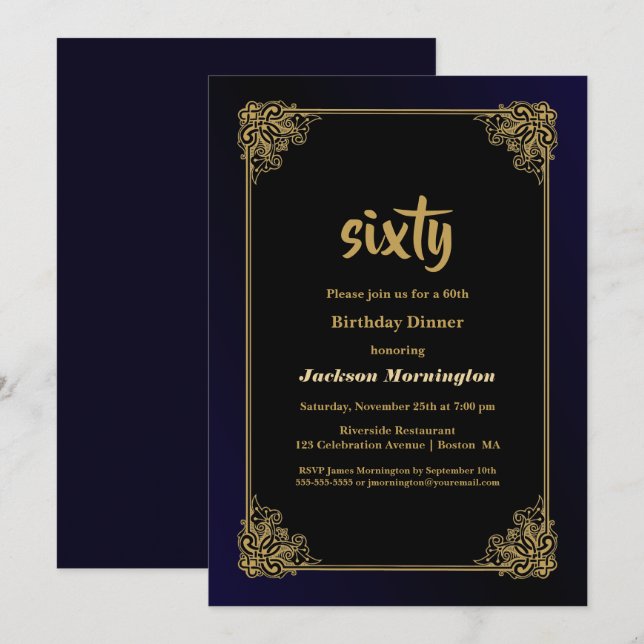 Black and Gold 60th Birthday Dinner Invitation (Front/Back)