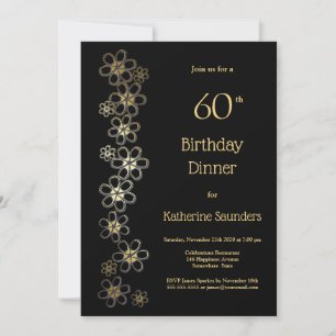Black and Gold 60th Birthday Dinner Party Invitation