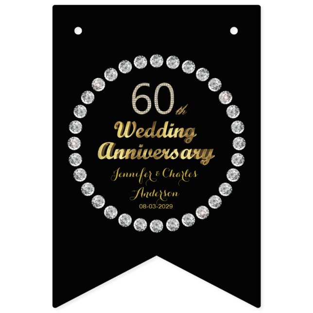 Black and Gold 60th Diamond Wedding Anniversary Bunting Flags (First Flag)